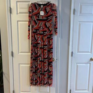 Anne Klein Women's Geometric-Print Maxi Dress Red Long Sleeve S